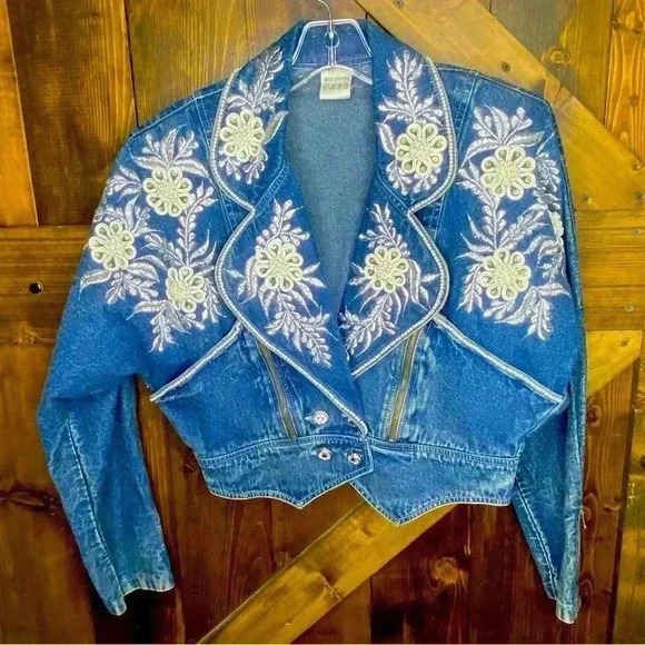 Vintage Jackets & Blazers - Vintage 80s Denim Jean Jacket Embroidered Double Breasted Acid Wash Size…